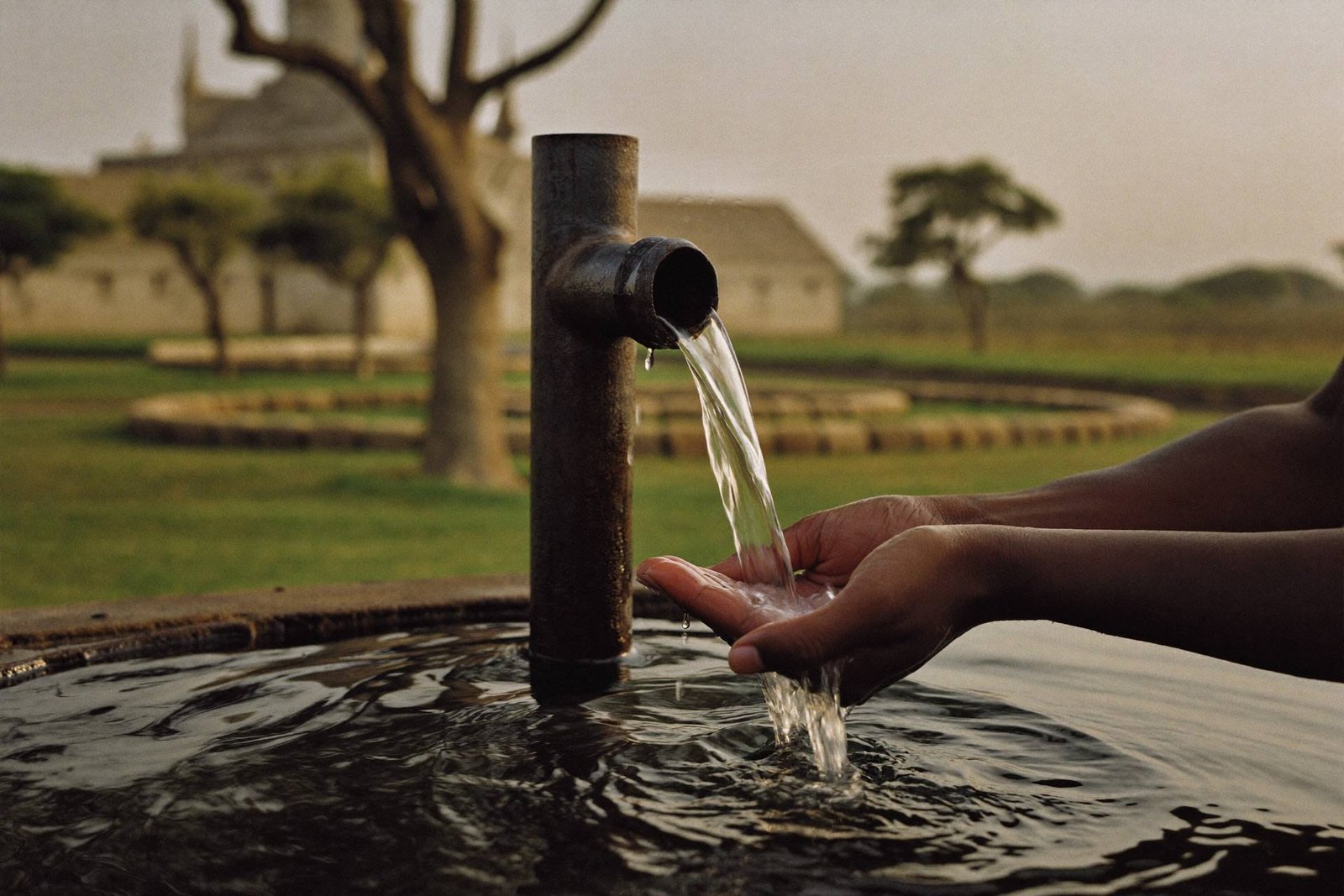 Placeholder — intended image: Water at a monastery borehole tap, hands cupped, monastery grounds behind